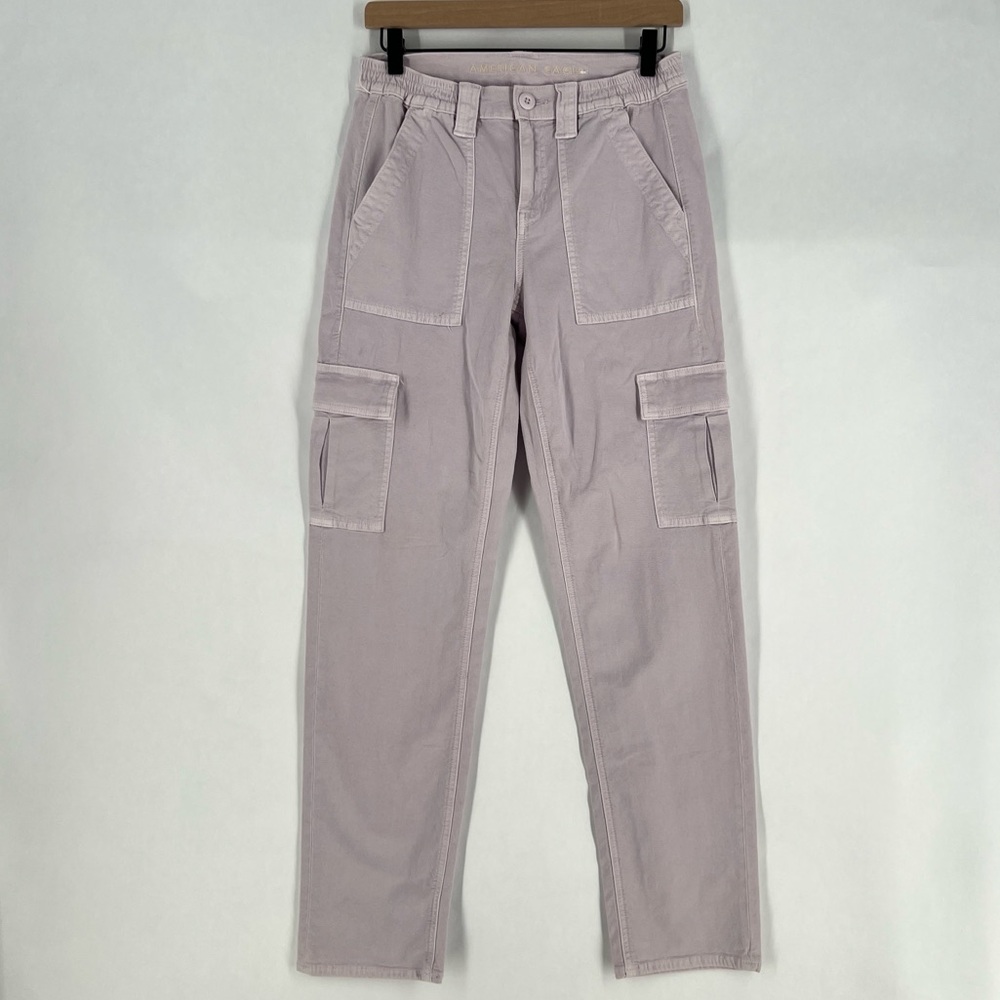 American Eagle Stretch Cargo Straight Pant Lilac Ice High Rise Utility 4 Long